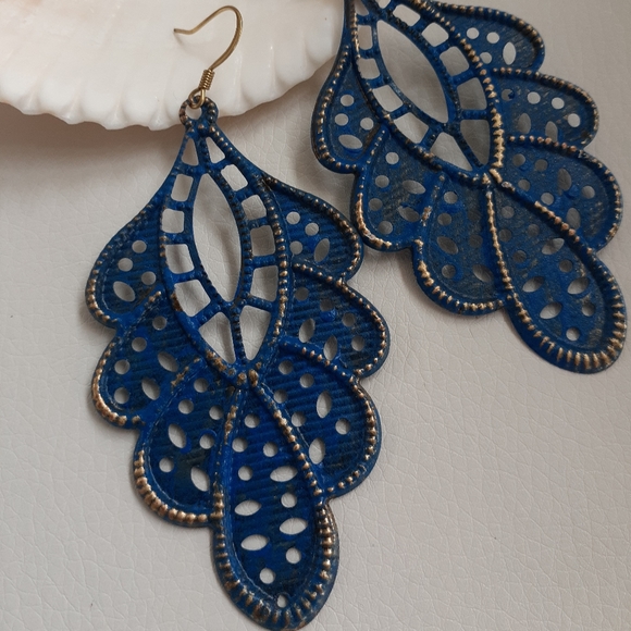 Santorini Blue Metal Filigree Lace Hanging Earring - Picture 2 of 7